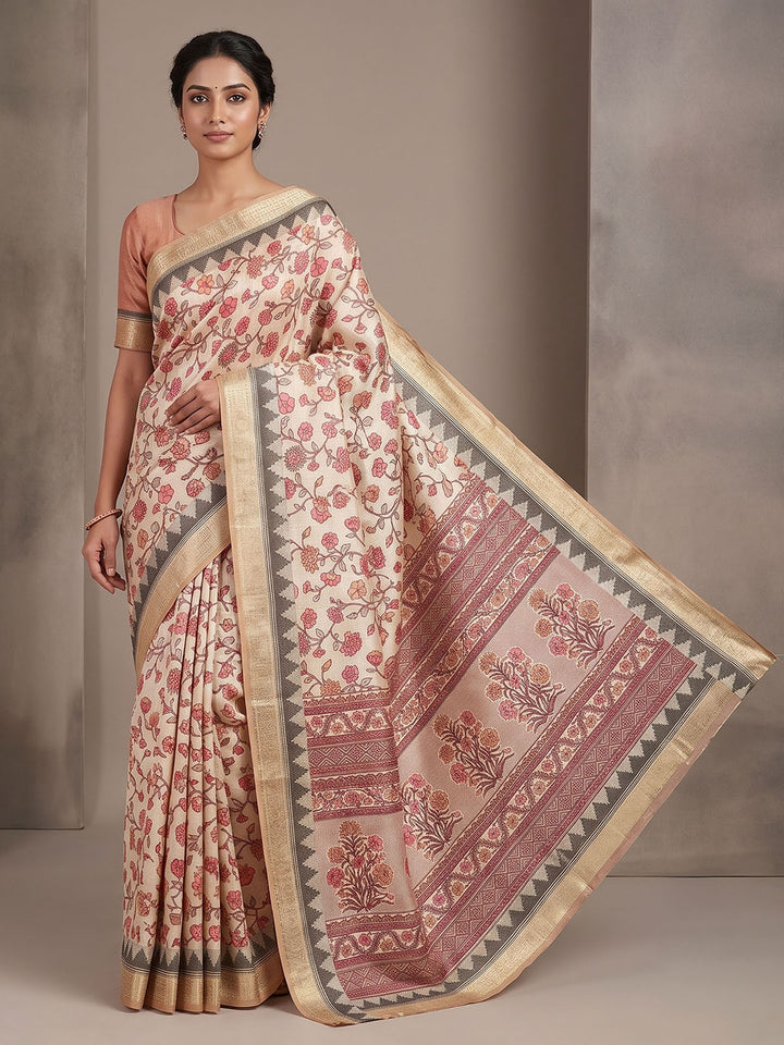 Off White Linen Blend Printed Saree