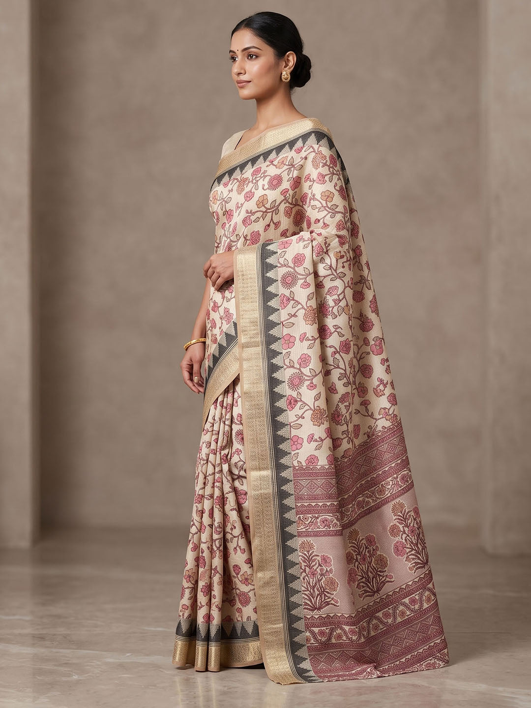 Off White Linen Blend Printed Saree
