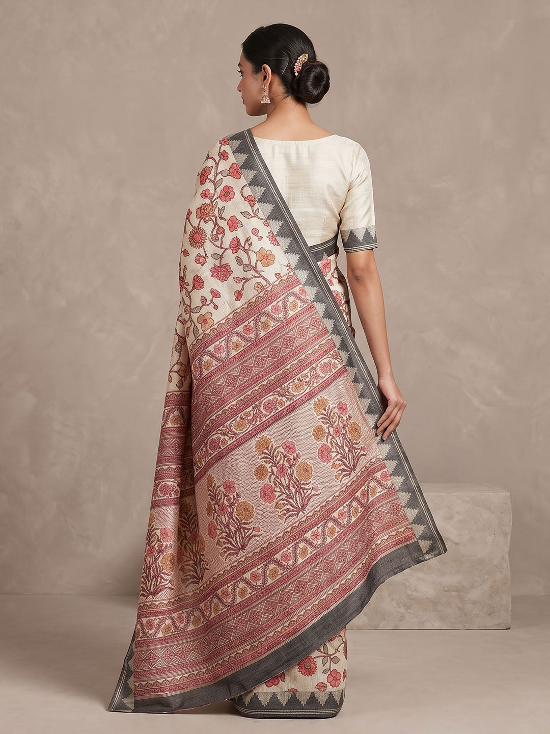 Off White Linen Blend Printed Saree