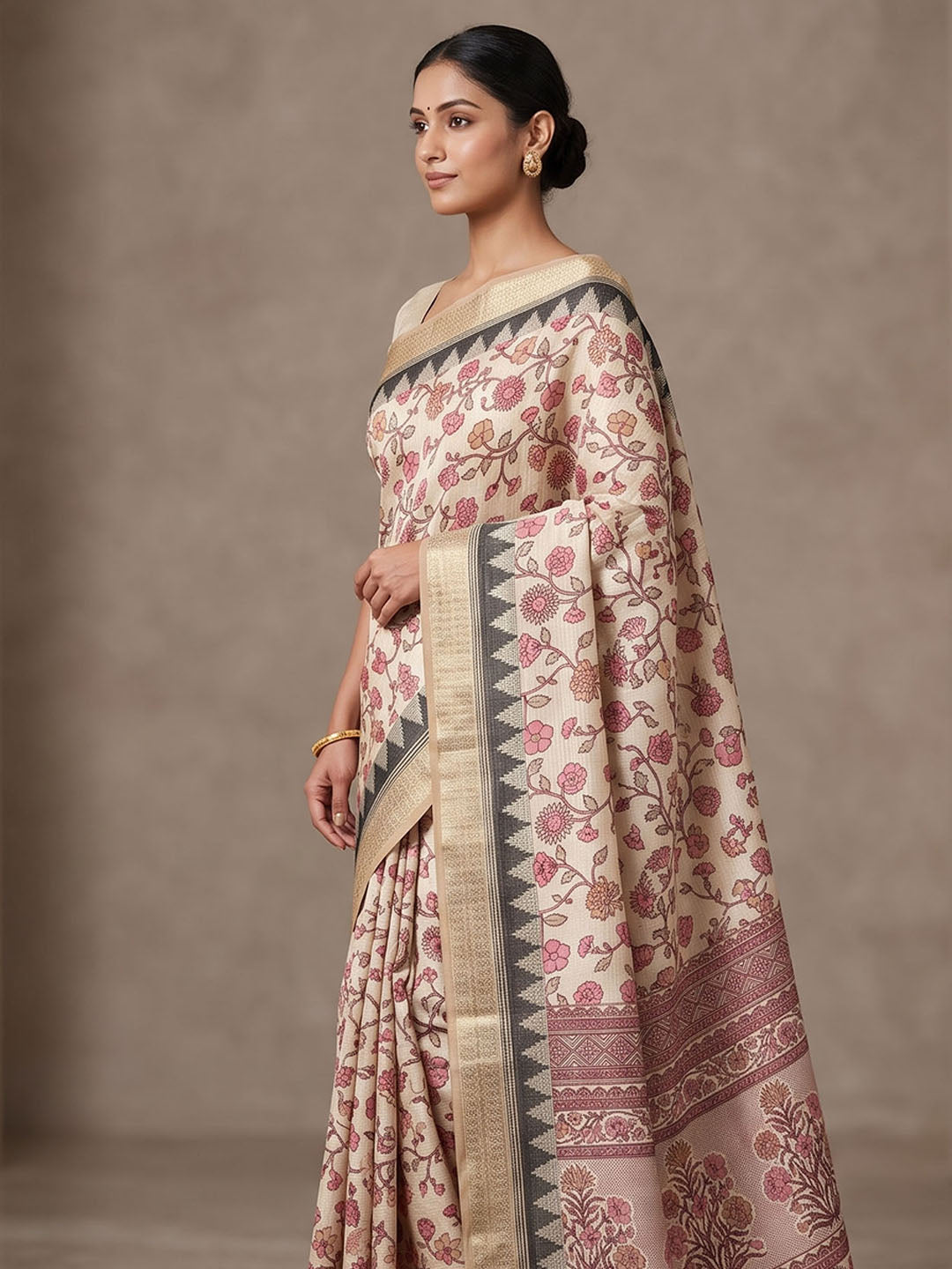Off White Linen Blend Printed Saree