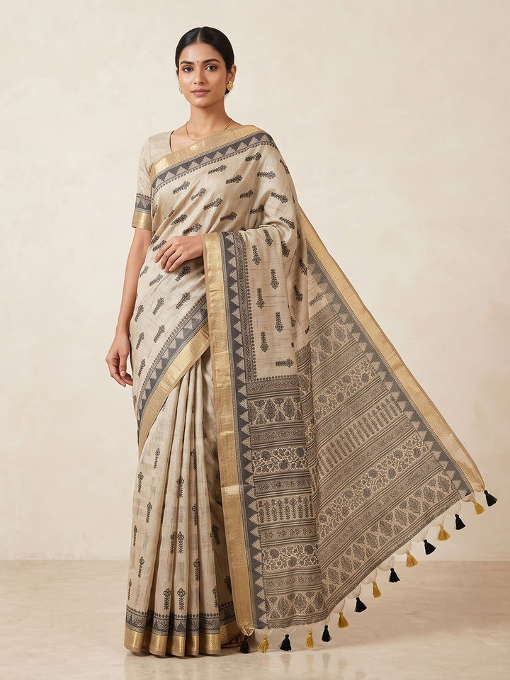 Off White Linen Blend Printed Saree
