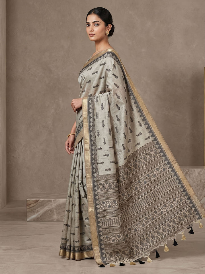 Off White Linen Blend Printed Saree