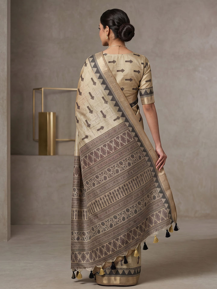 Off White Linen Blend Printed Saree