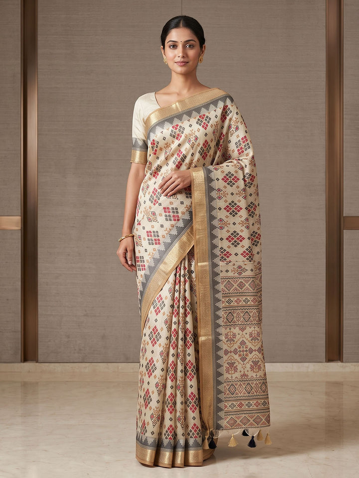 Off White Linen Blend Printed Saree
