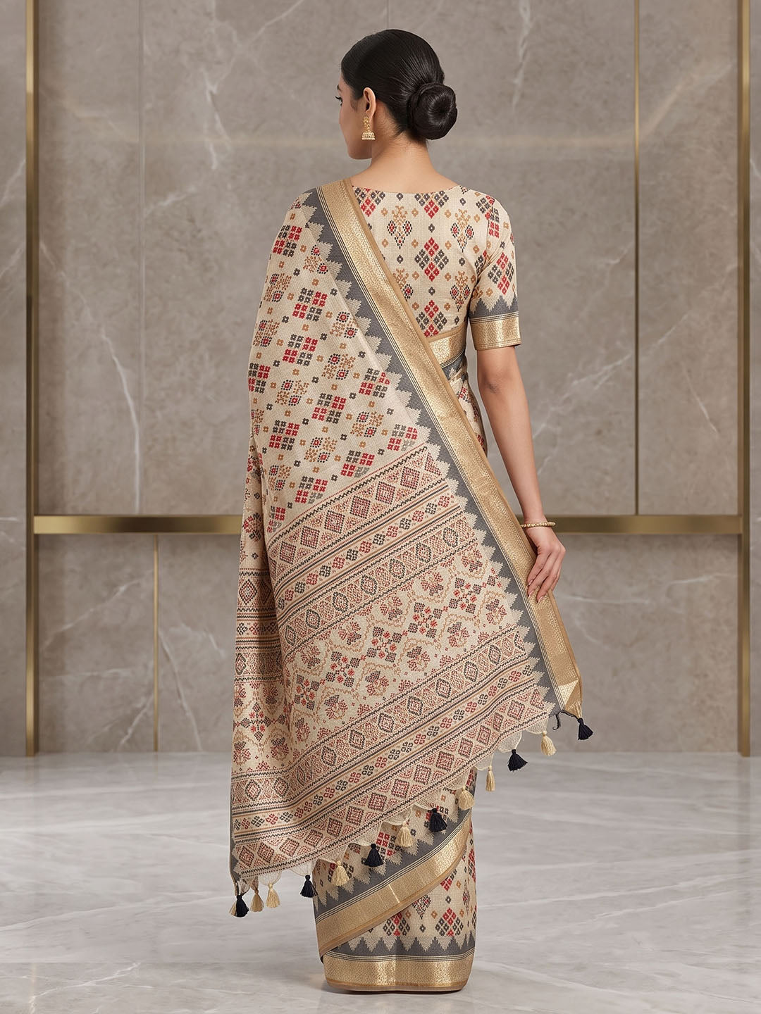 Off White Linen Blend Printed Saree