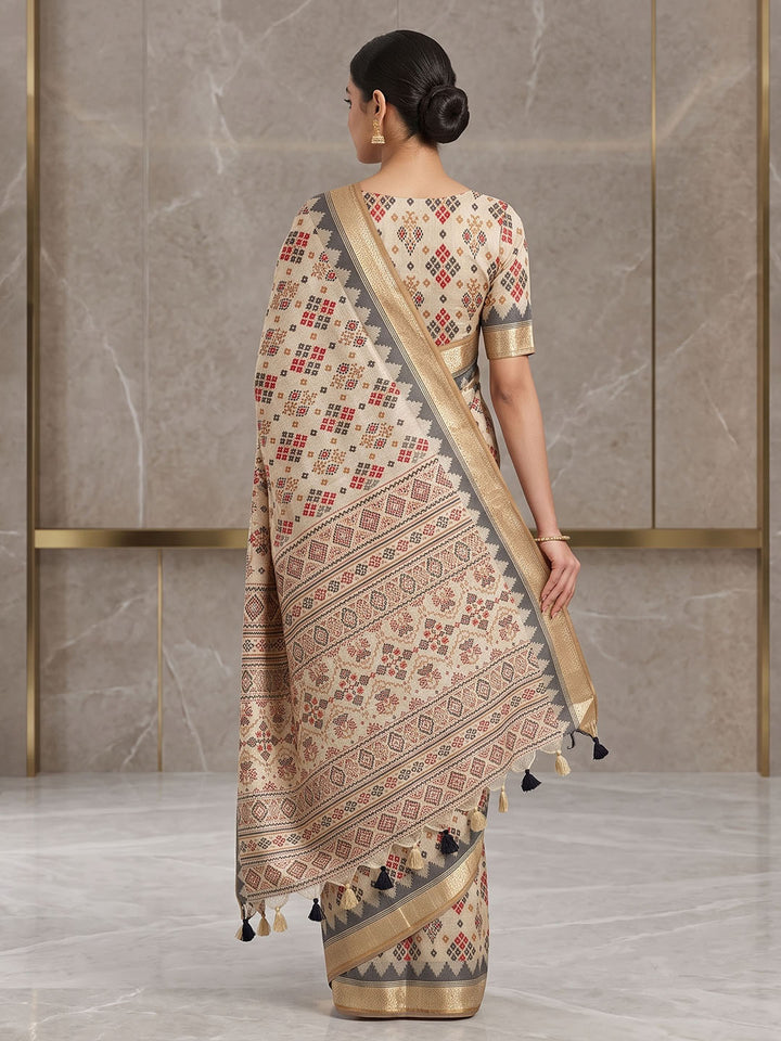 Off White Linen Blend Printed Saree