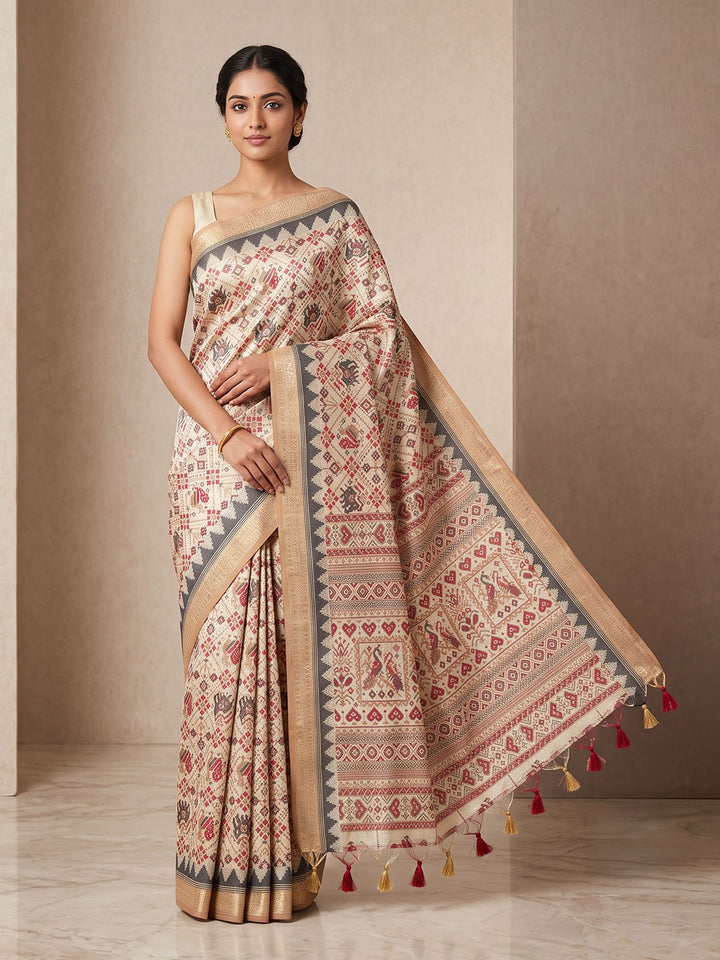 Off White Linen Blend Printed Saree