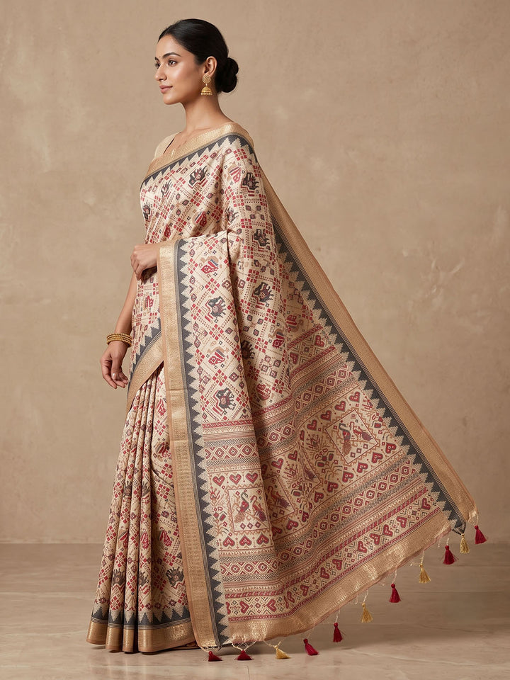 Off White Linen Blend Printed Saree