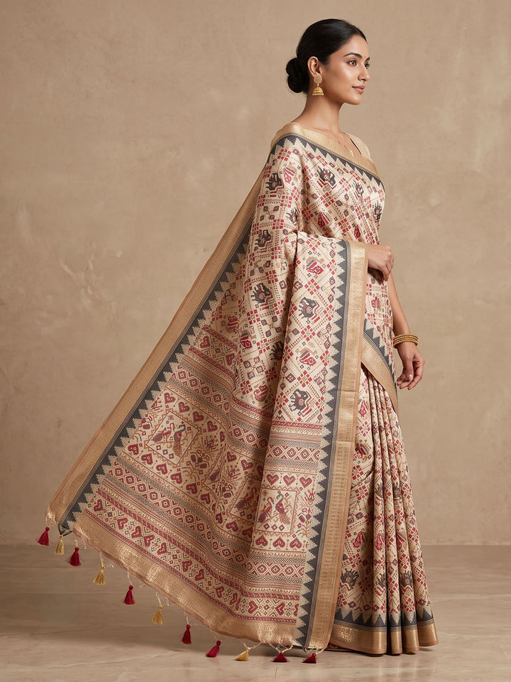 Off White Linen Blend Printed Saree