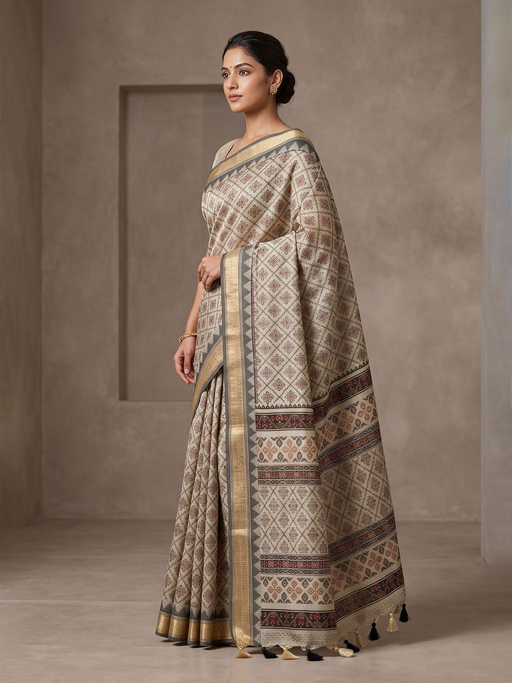 Off White Linen Blend Printed Saree