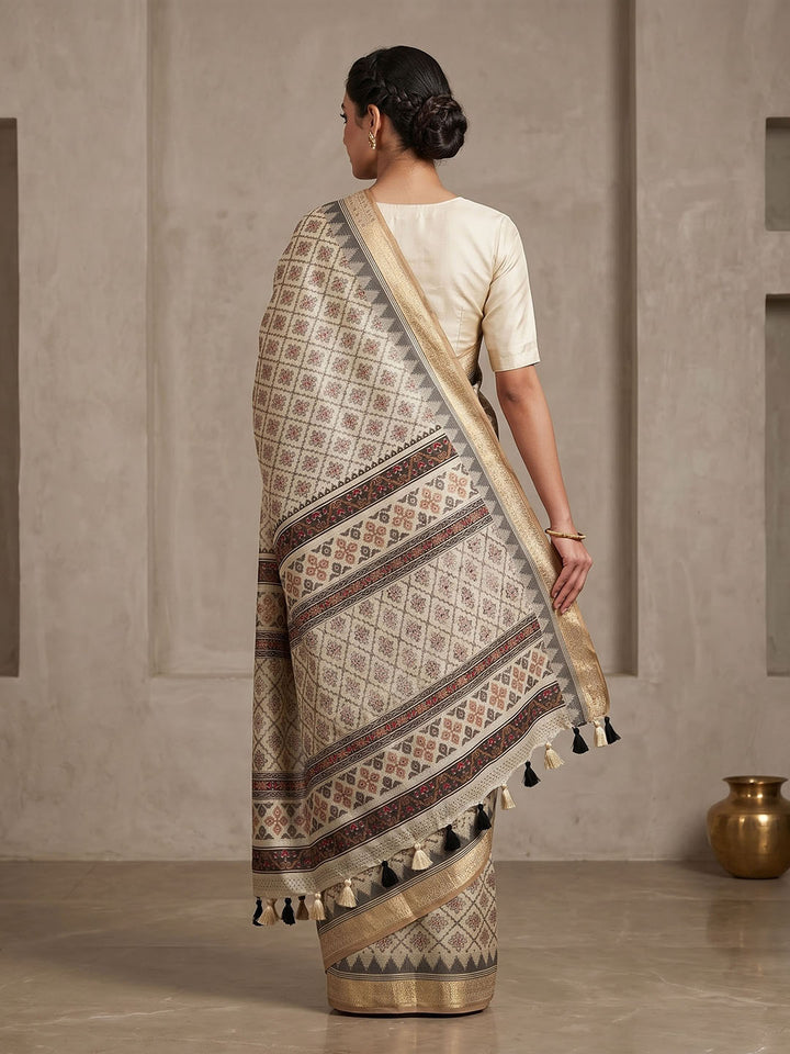 Off White Linen Blend Printed Saree