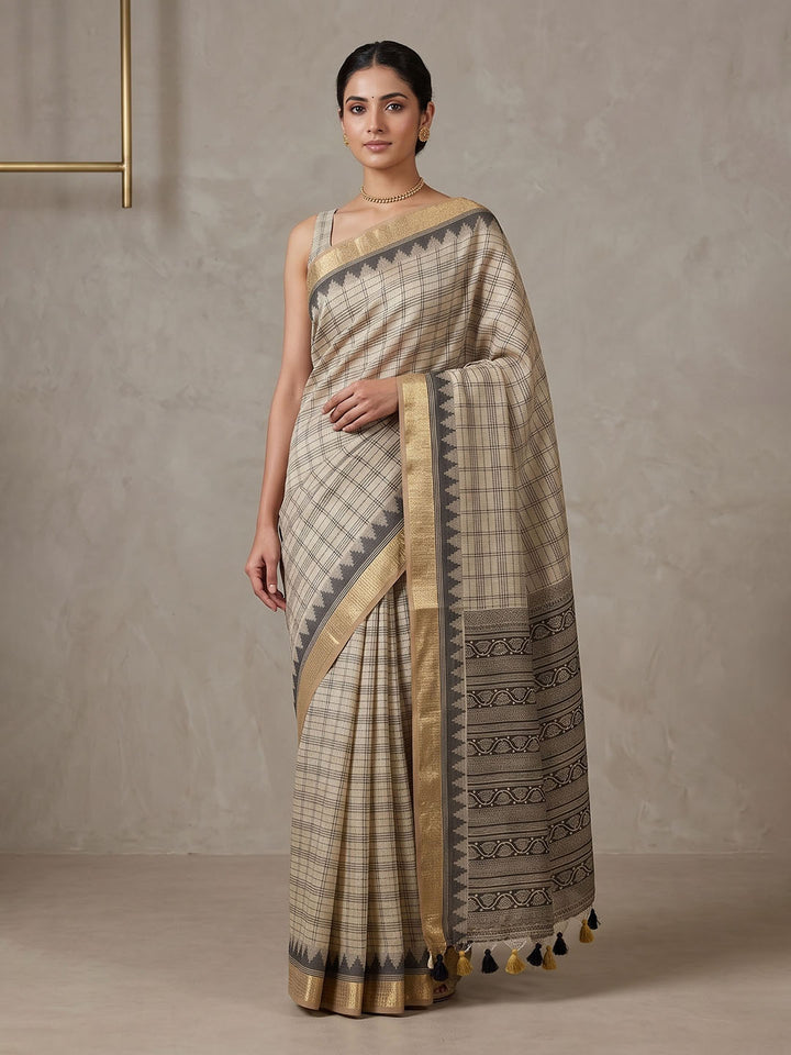 Off White Linen Blend Printed Saree