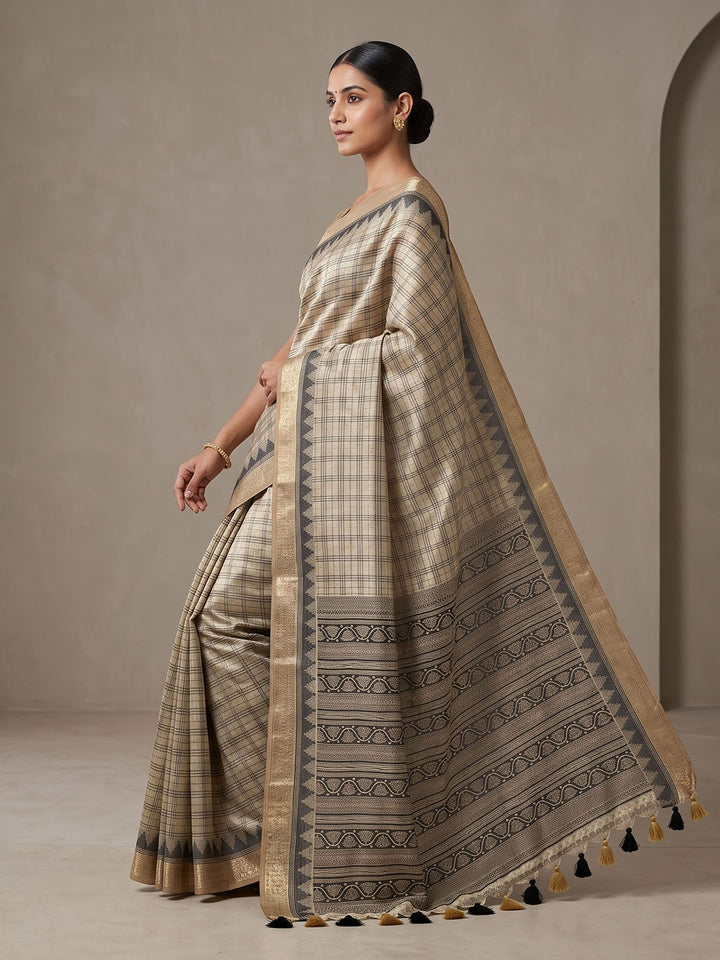 Off White Linen Blend Printed Saree