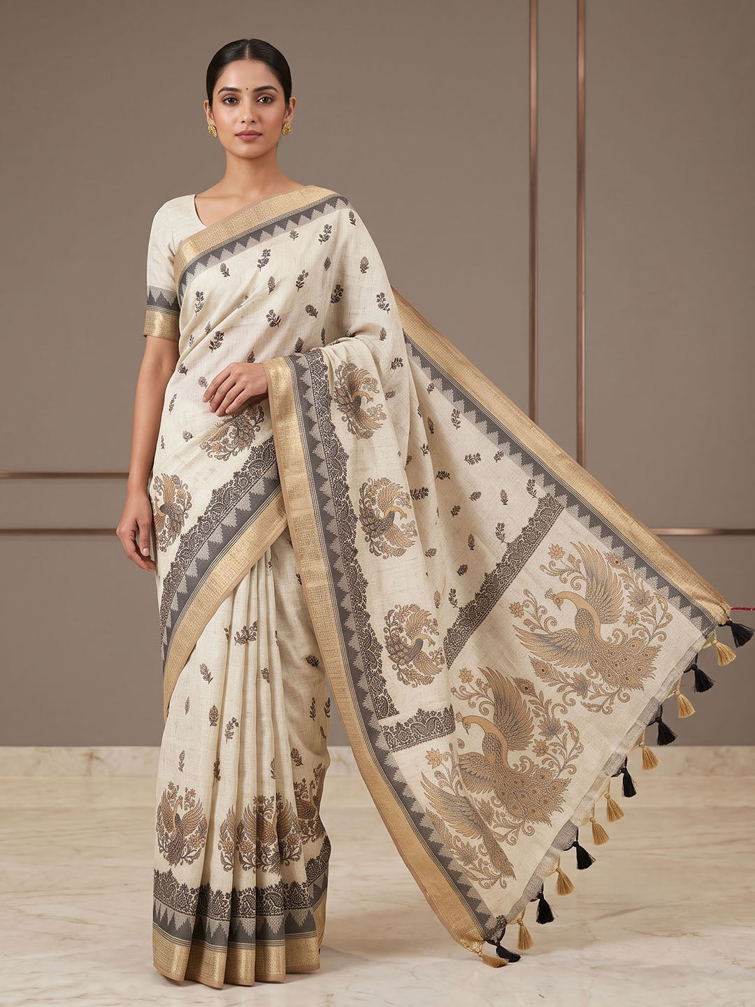 Off White Linen Blend Printed Saree