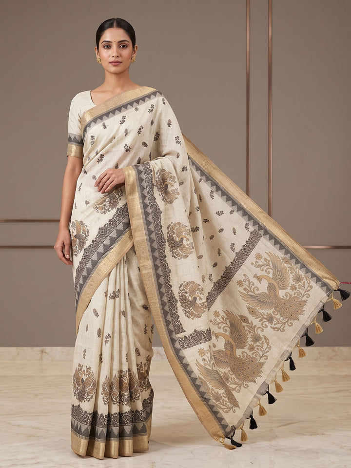 Off White Linen Blend Printed Saree