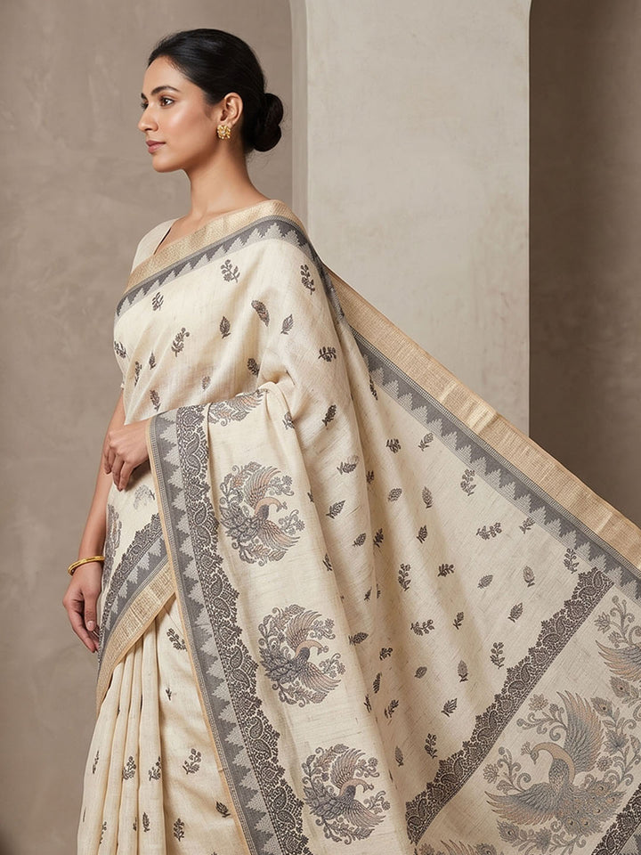 Off White Linen Blend Printed Saree