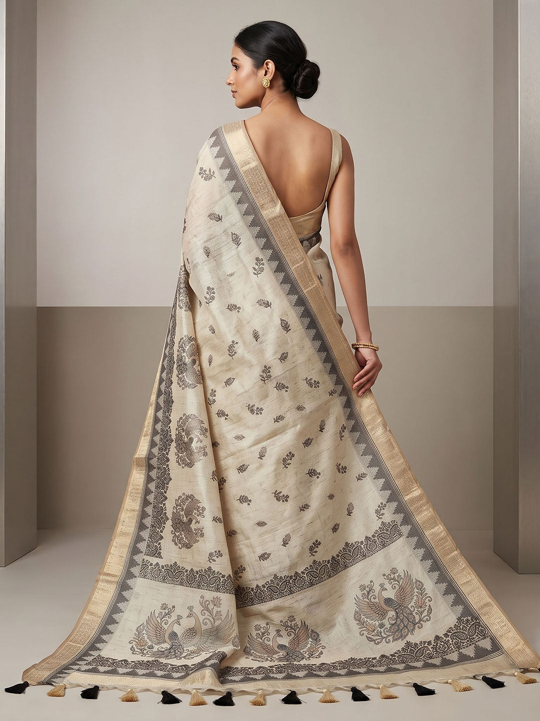 Off White Linen Blend Printed Saree