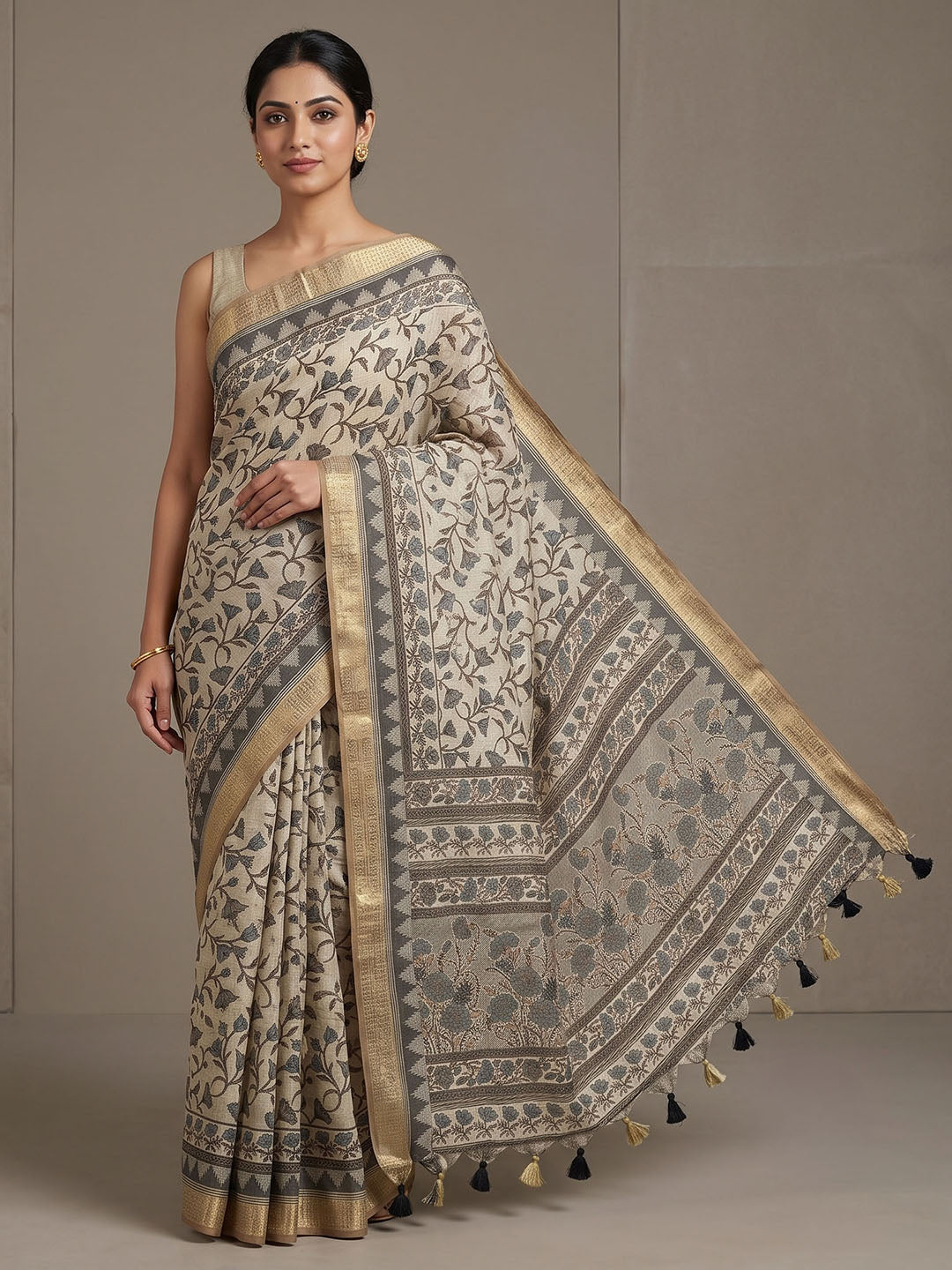 Off White Linen Blend Printed Saree