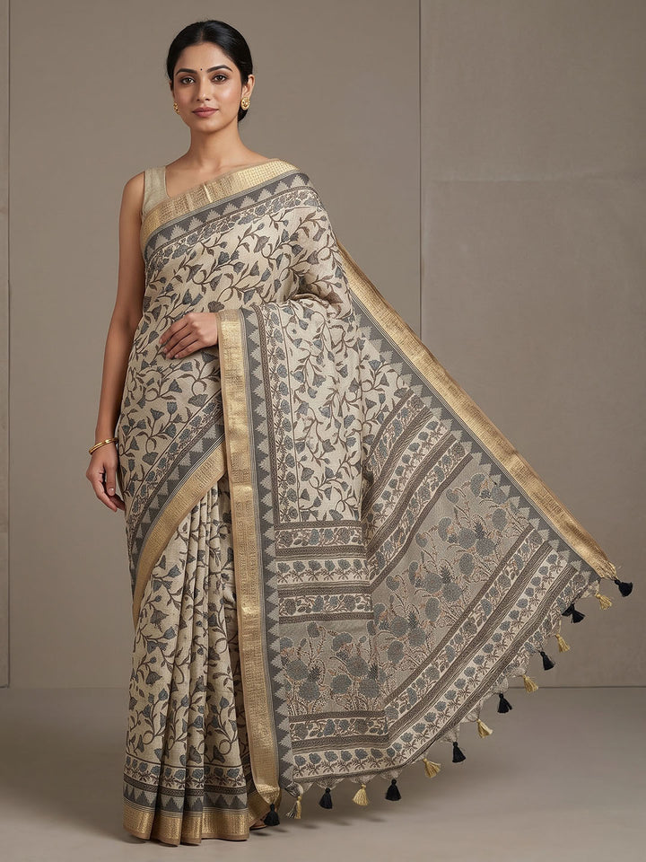 Off White Linen Blend Printed Saree
