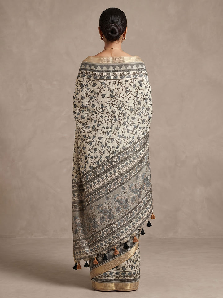 Off White Linen Blend Printed Saree