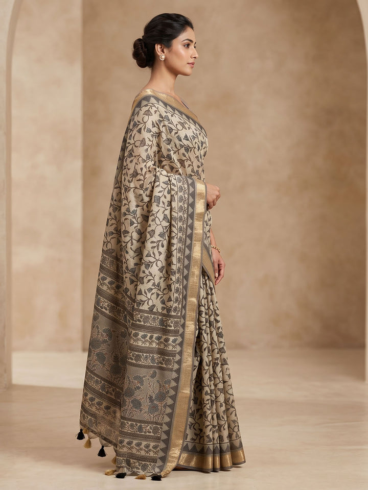 Off White Linen Blend Printed Saree