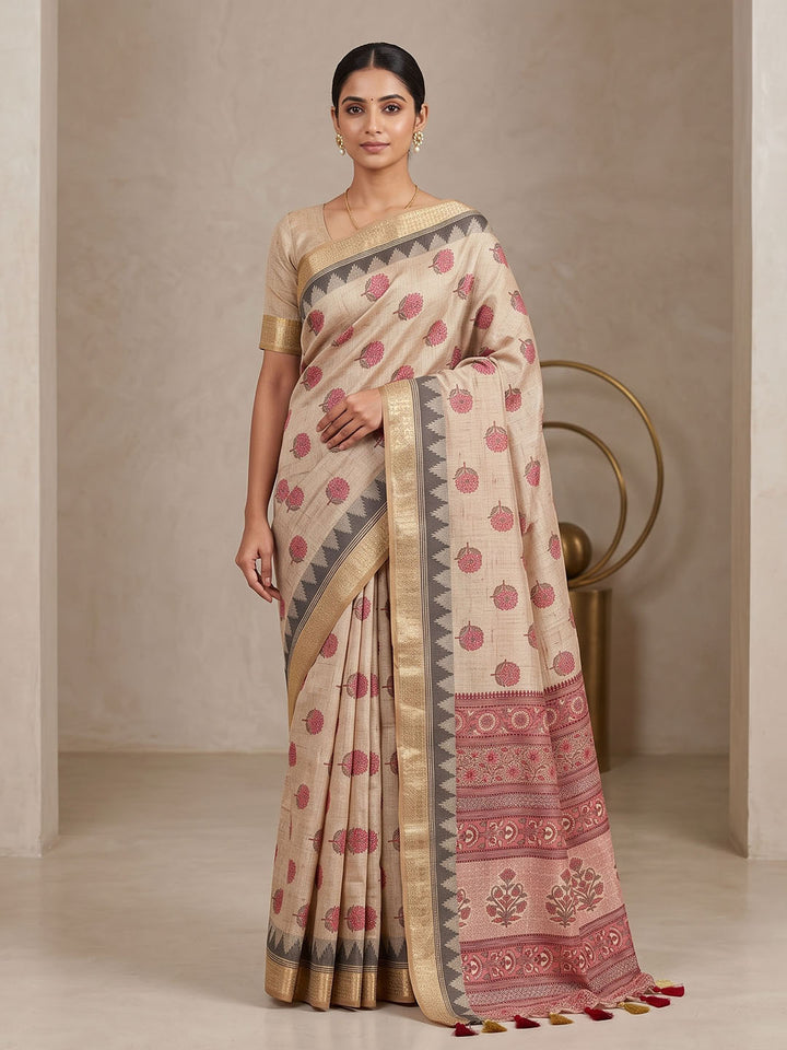 Off White Linen Blend Printed Saree