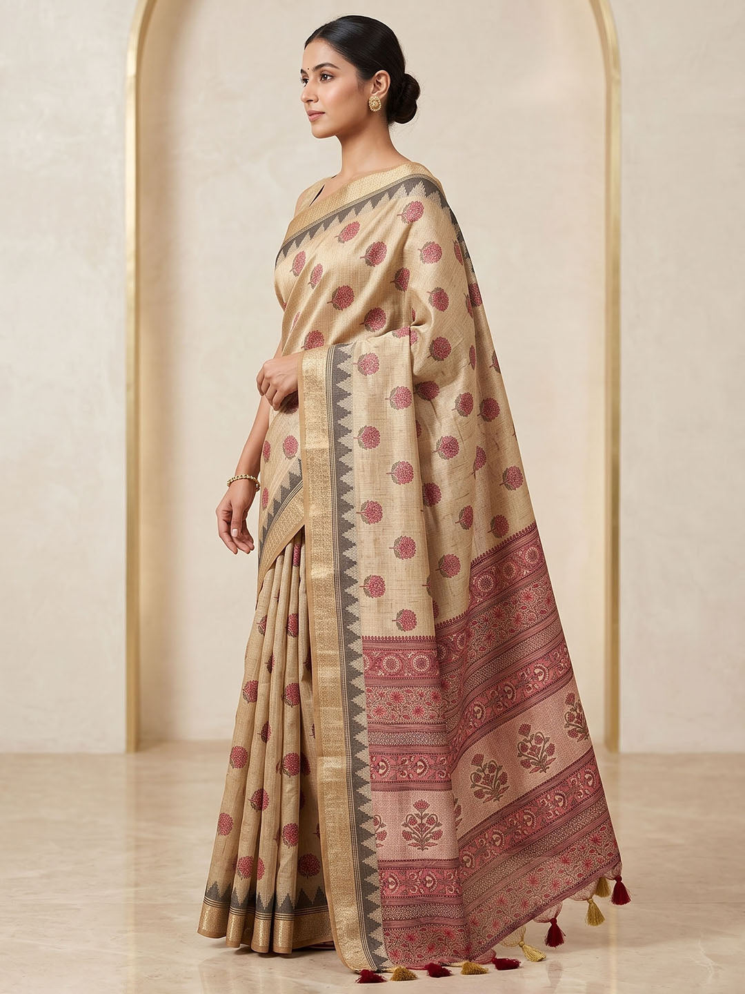 Off White Linen Blend Printed Saree
