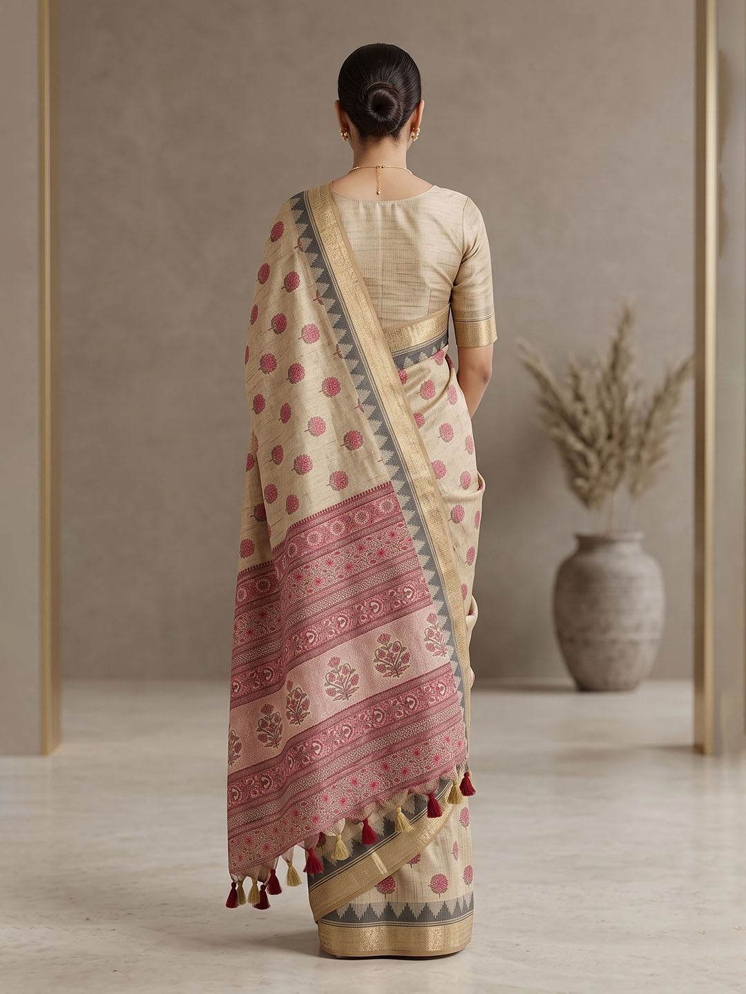 Off White Linen Blend Printed Saree
