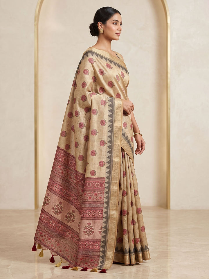 Off White Linen Blend Printed Saree