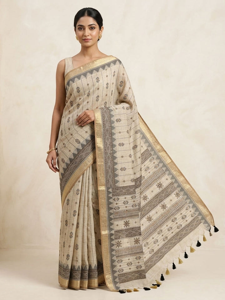 Off White Linen Blend Printed Saree