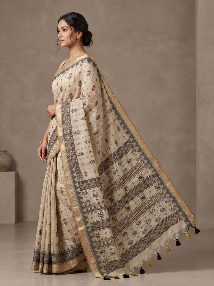 Off White Linen Blend Printed Saree