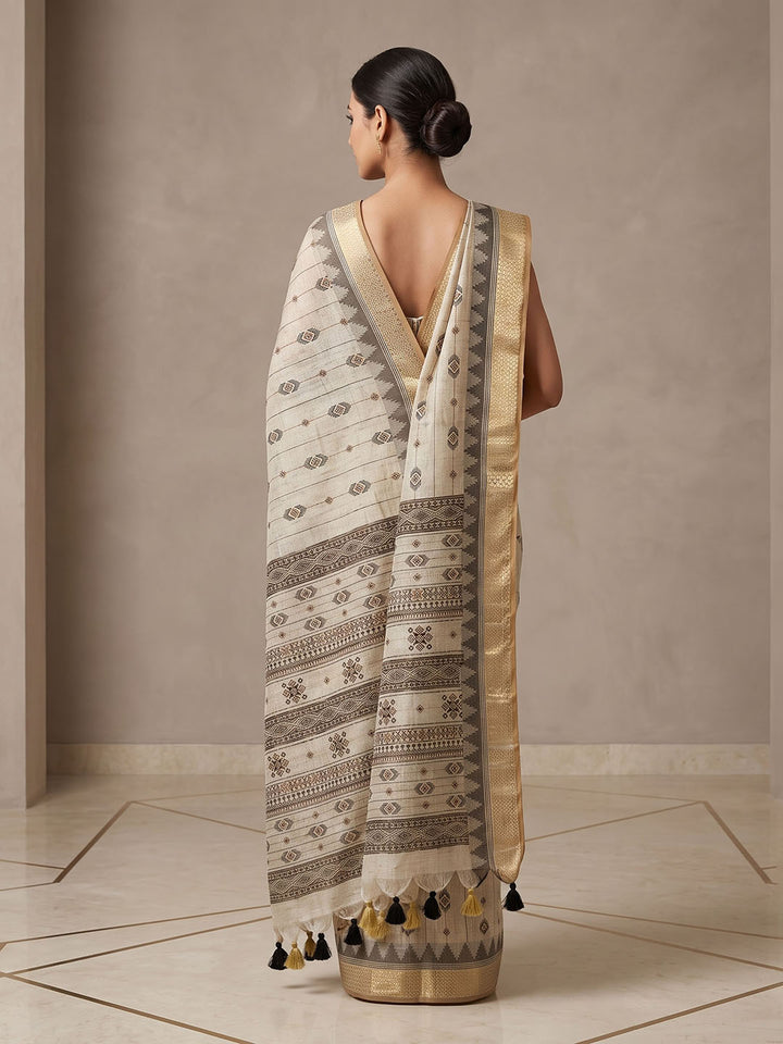 Off White Linen Blend Printed Saree