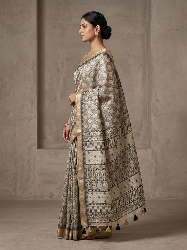 Off White Linen Blend Printed Saree