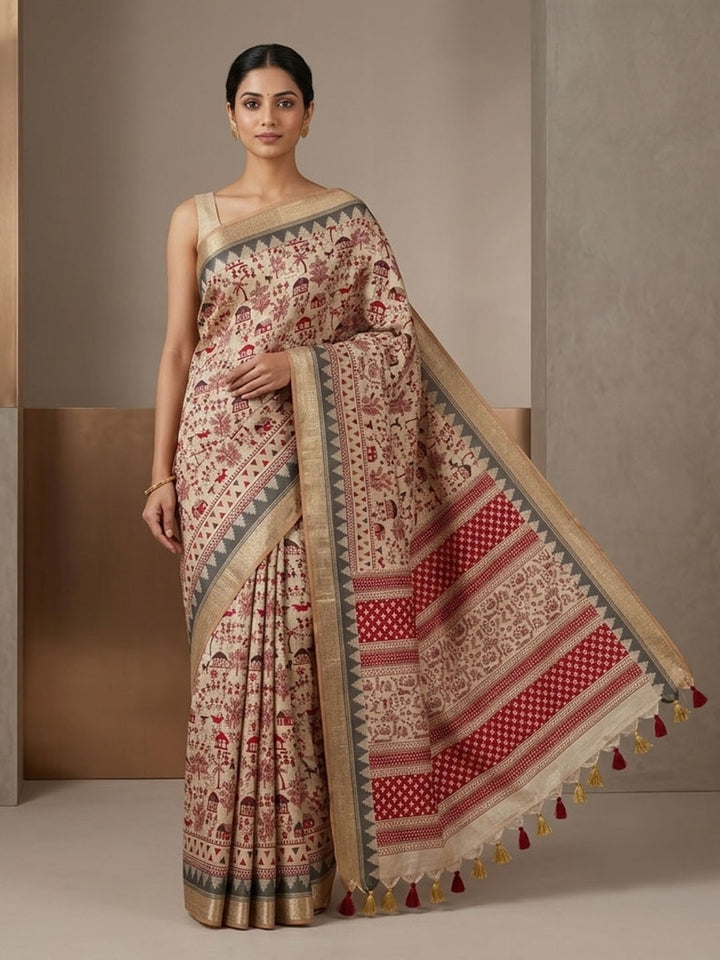 Off White Linen Blend Printed Saree