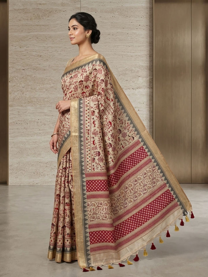 Off White Linen Blend Printed Saree