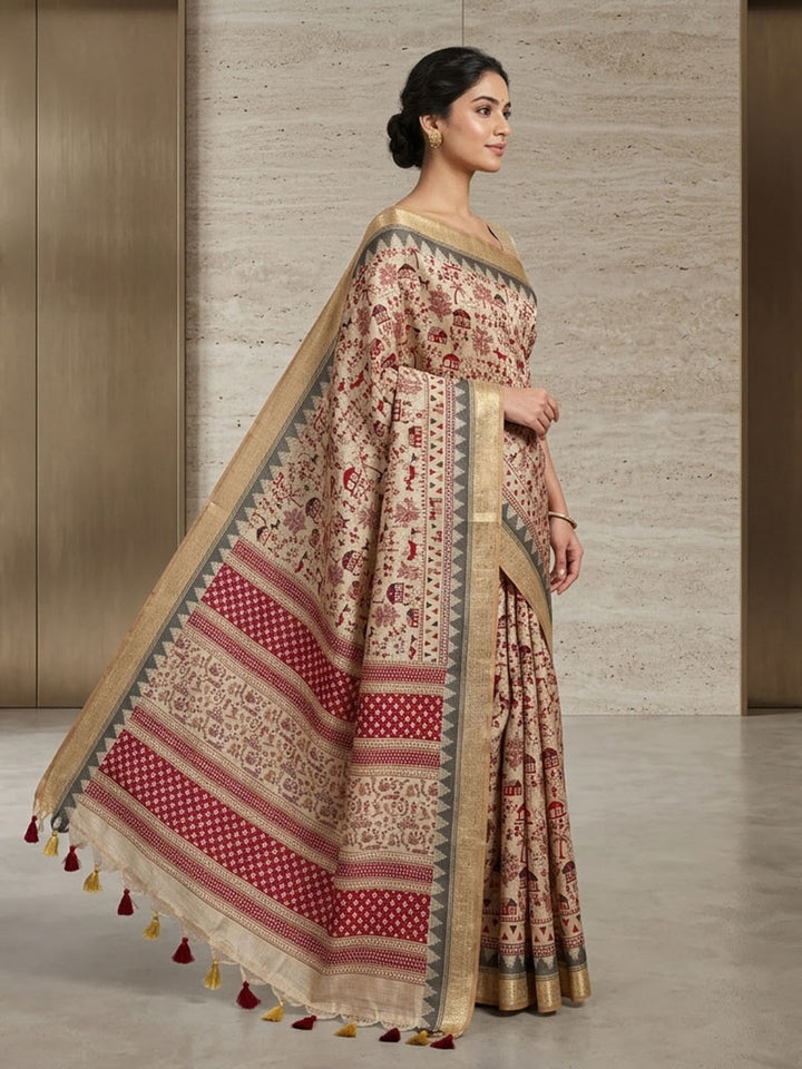 Off White Linen Blend Printed Saree