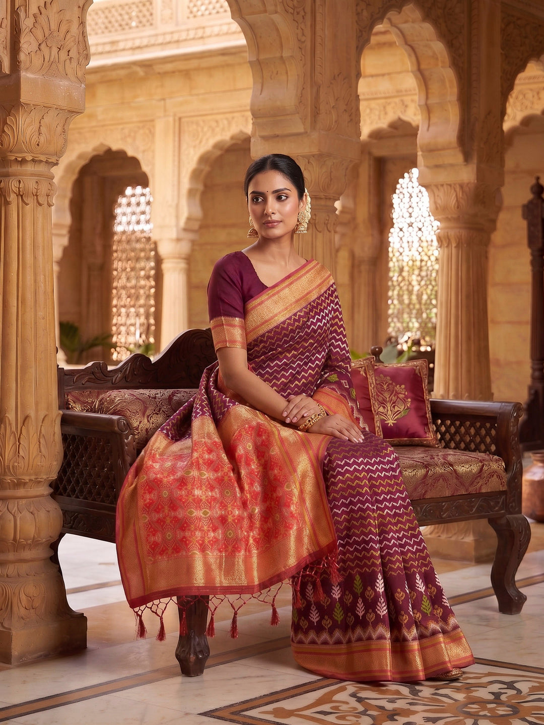 Wine Woven Design Art Silk Kanjivaram Saree