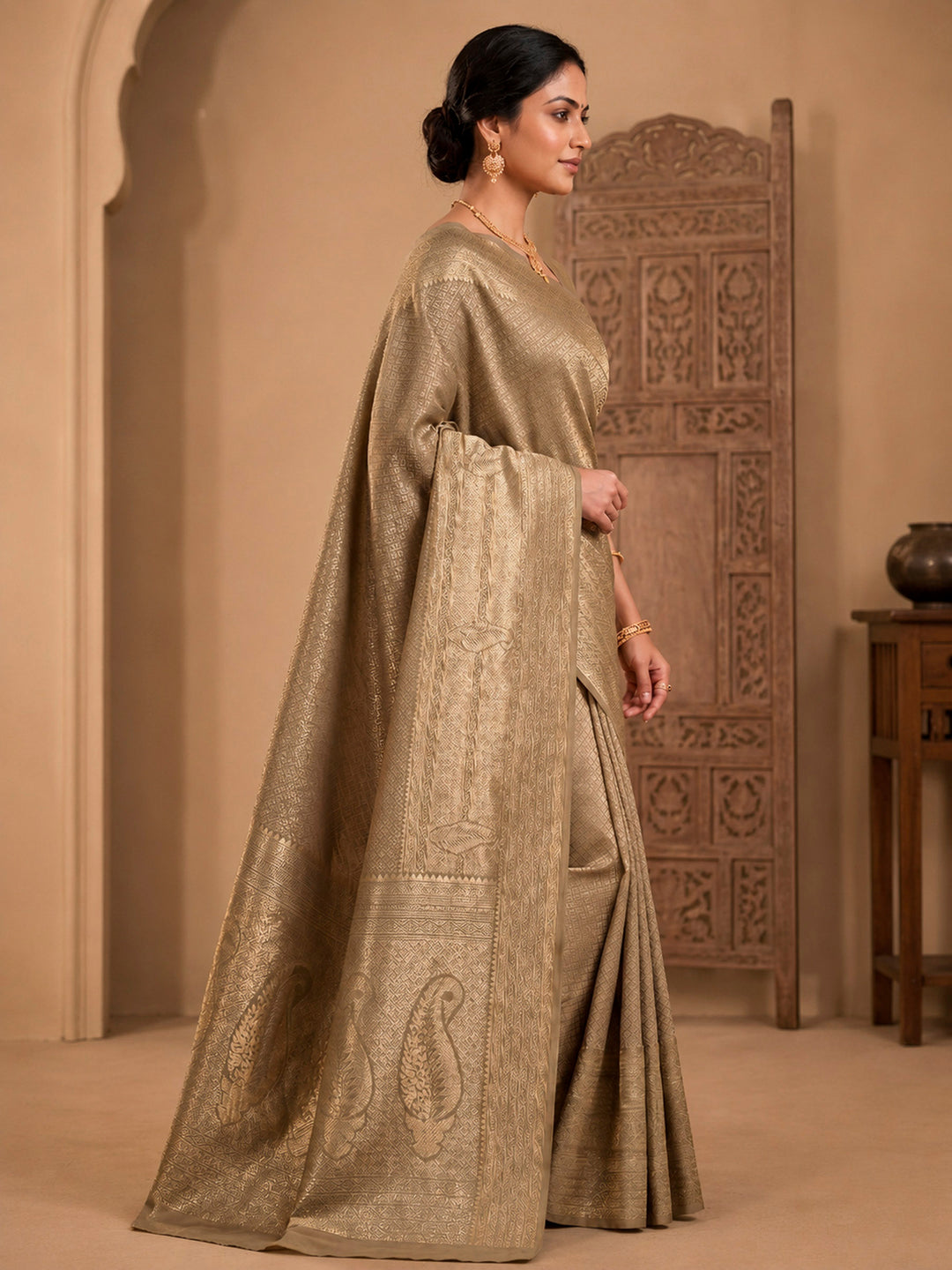 Beige Woven Design Art Silk Kanjivaram Saree