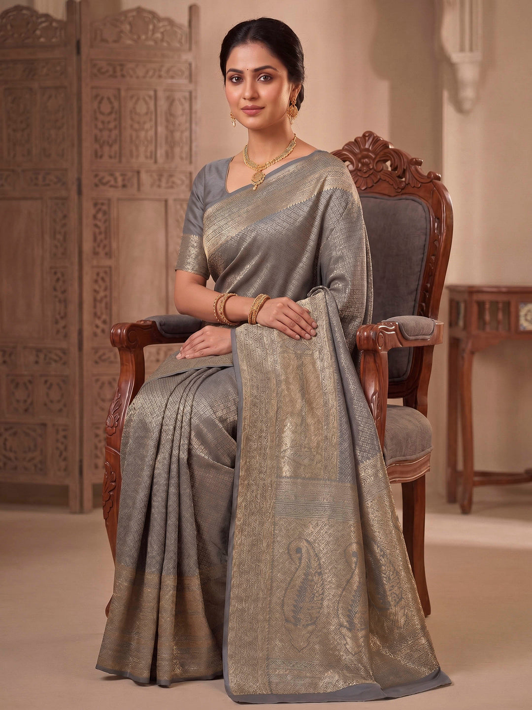 Grey Woven Design Art Silk Kanjivaram Saree