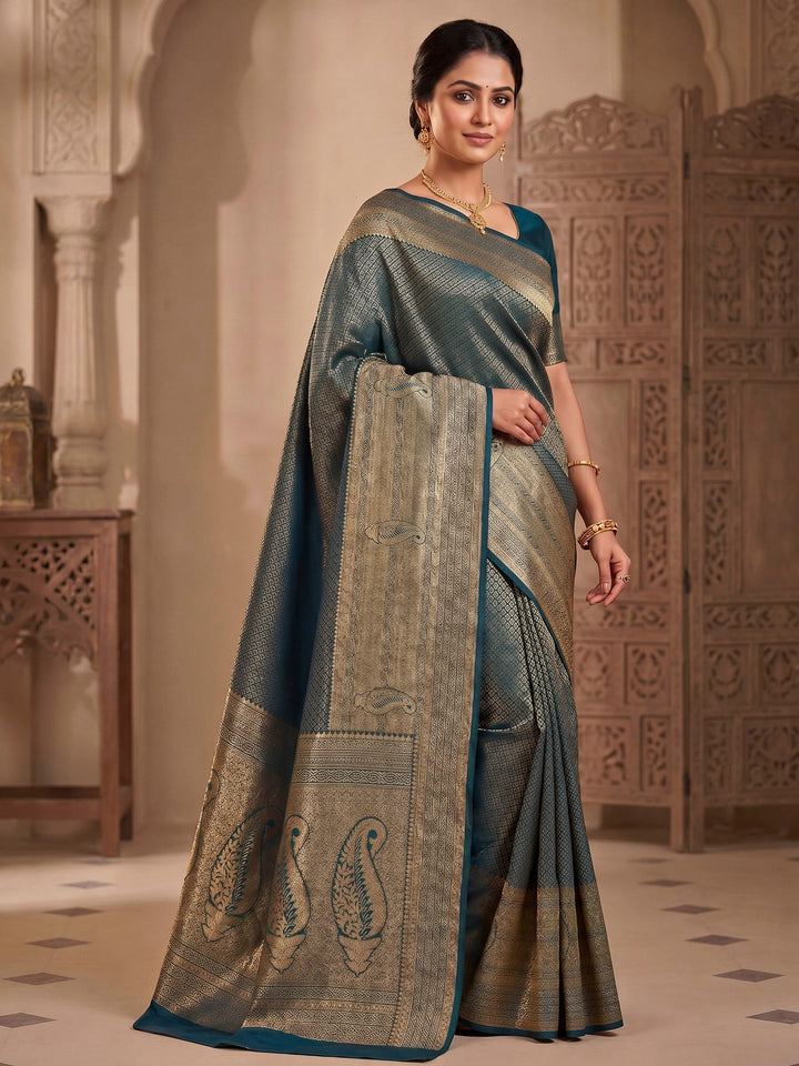 Dark Blue Woven Design Art Silk Kanjivaram Saree