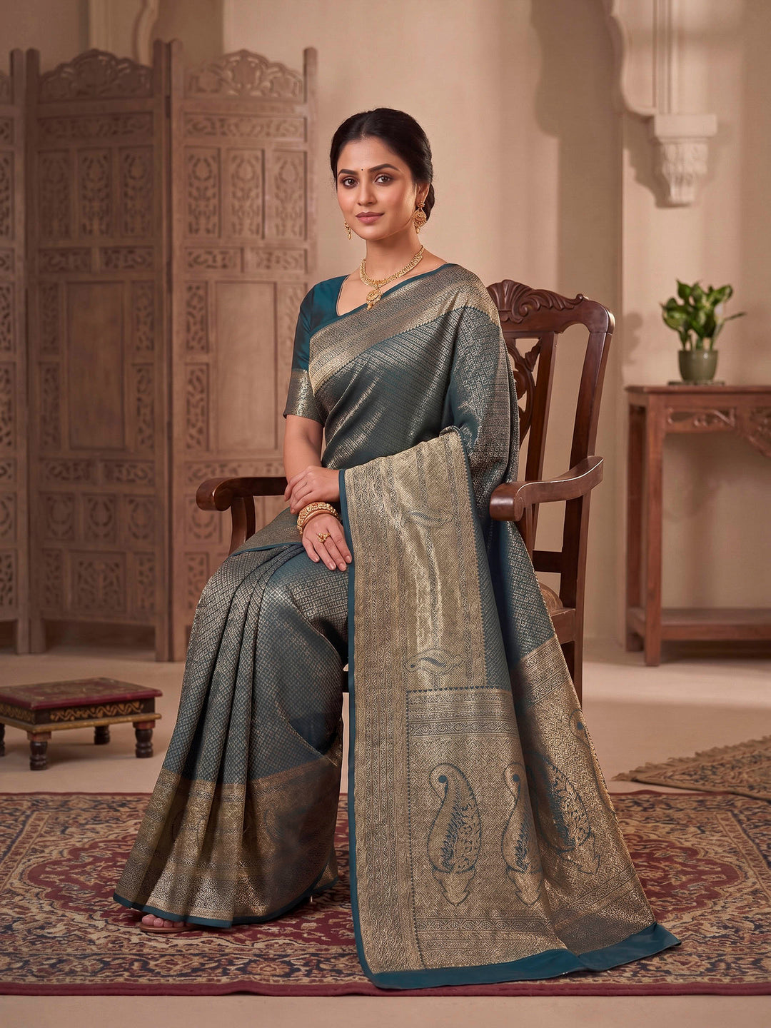 Dark Blue Woven Design Art Silk Kanjivaram Saree