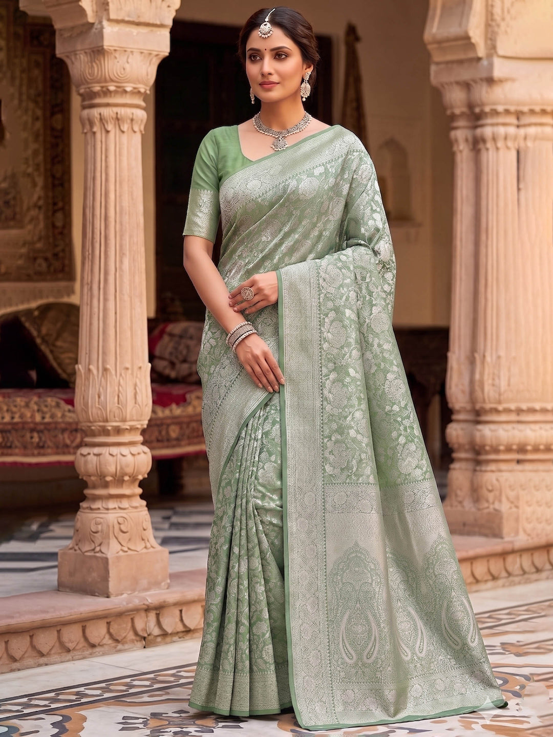 Pista Green Woven Design Art Silk Kanjivaram Saree