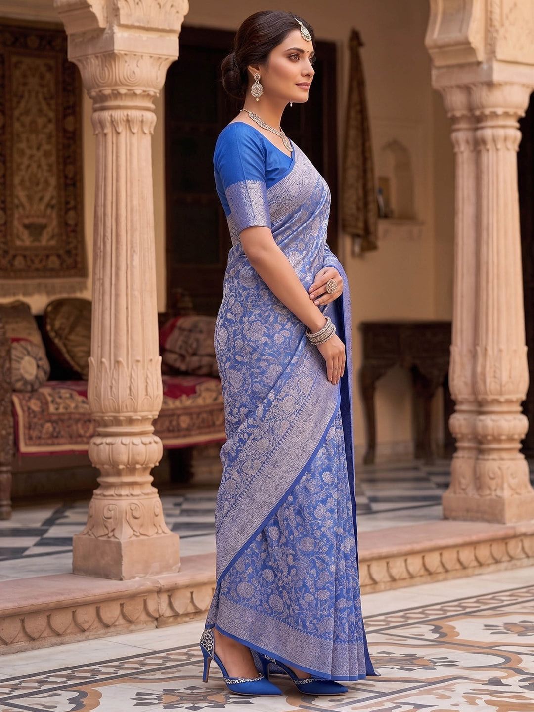 Royal Blue Woven Design Art Silk Kanjivaram Saree