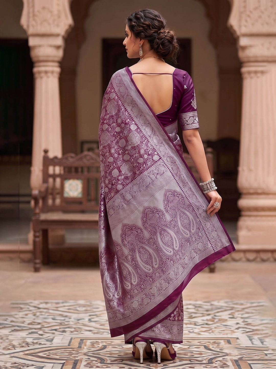 Wine Woven Design Art Silk Kanjivaram Saree