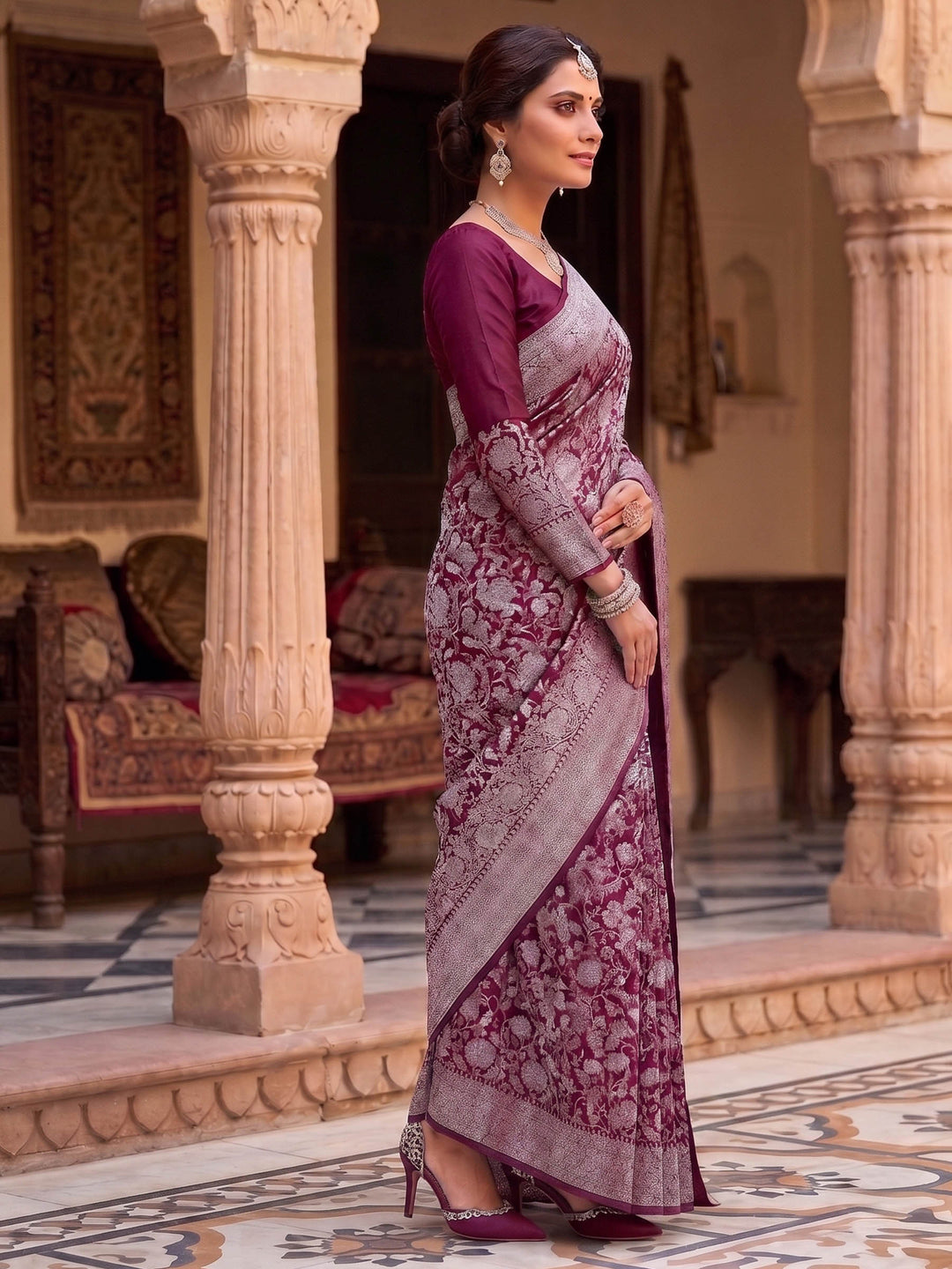 Wine Woven Design Art Silk Kanjivaram Saree
