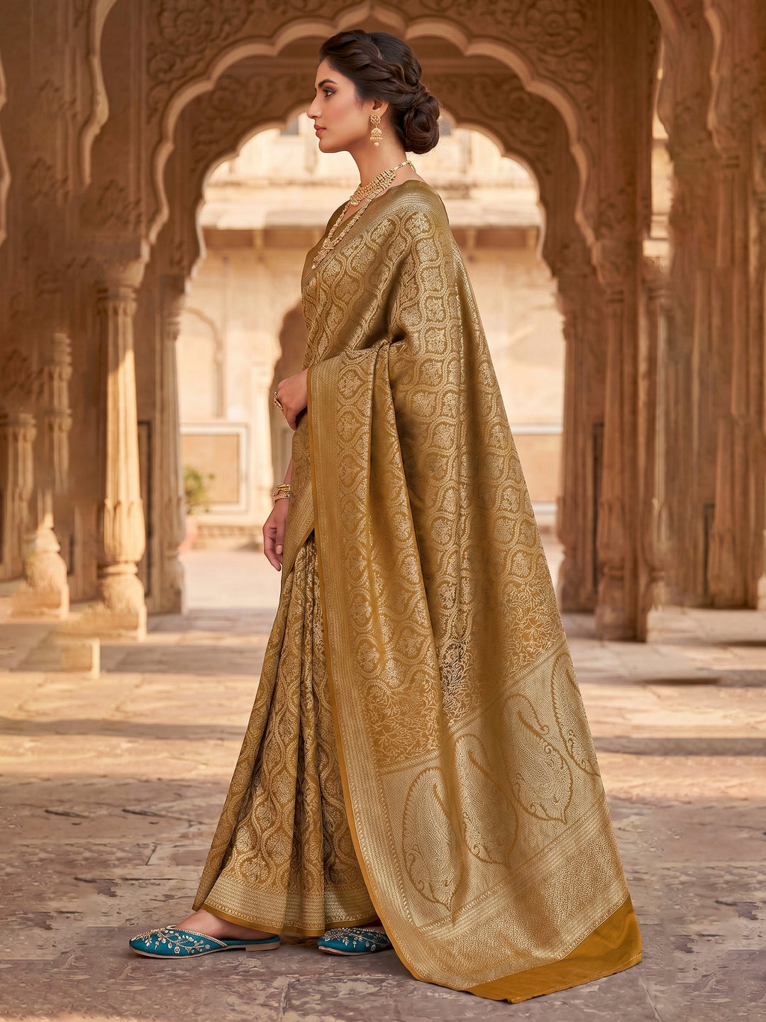 Mustard Woven Design Art Silk Kanjivaram Saree
