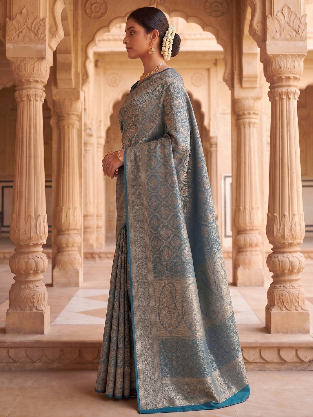 Peacock Blue Woven Design Art Silk Kanjivaram Saree