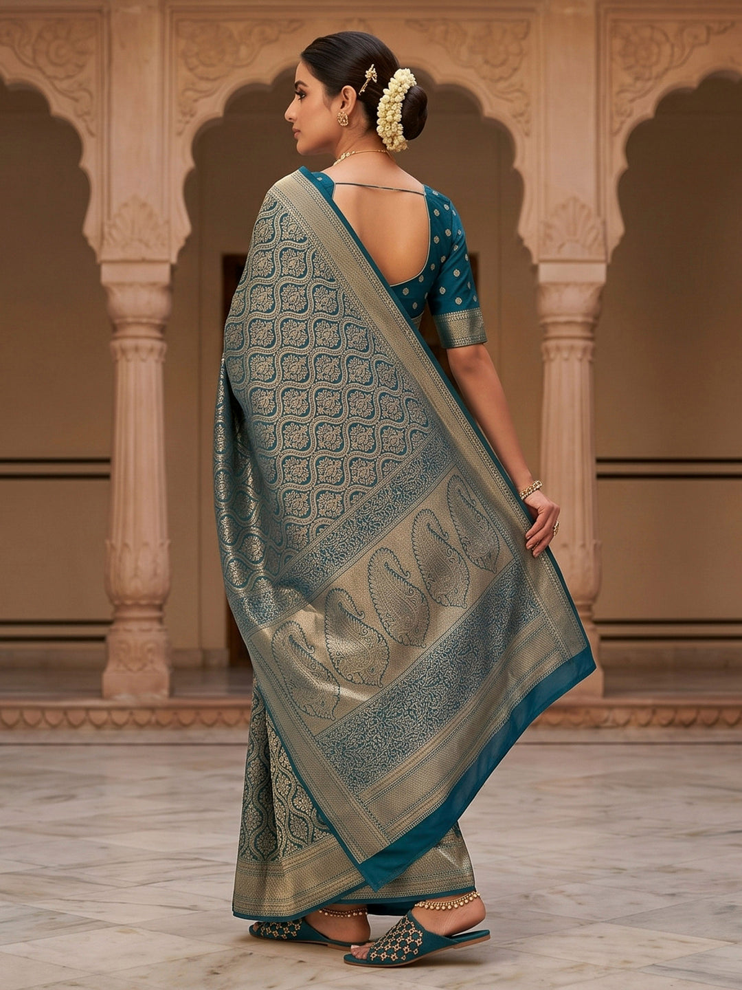 Peacock Blue Woven Design Art Silk Kanjivaram Saree