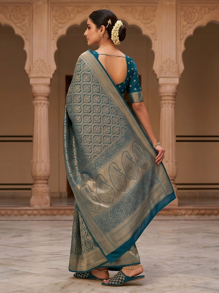 Peacock Blue Woven Design Art Silk Kanjivaram Saree