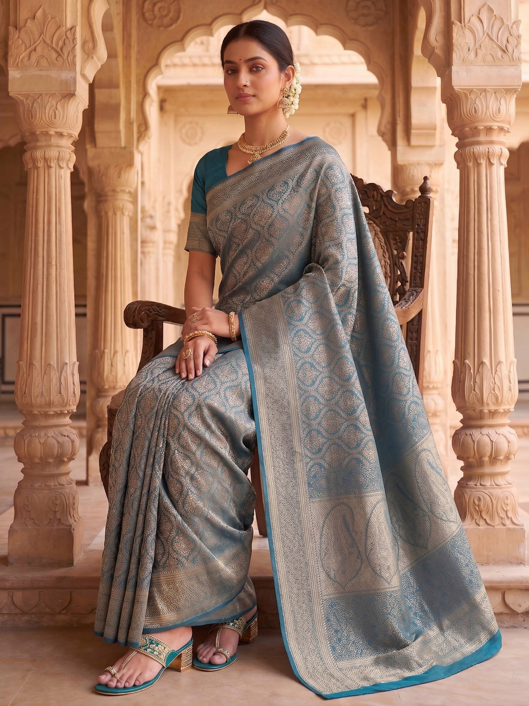 Peacock Blue Woven Design Art Silk Kanjivaram Saree